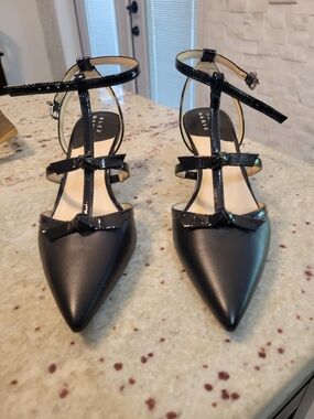 Alex Marie Black Pointed T-Strap Ankle Strap Flats